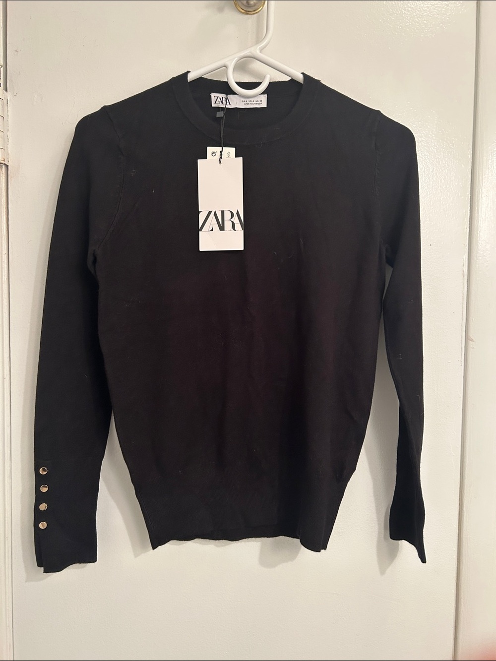 NWT Zara Black Crewneck Sweater with Button-Cuff Detail